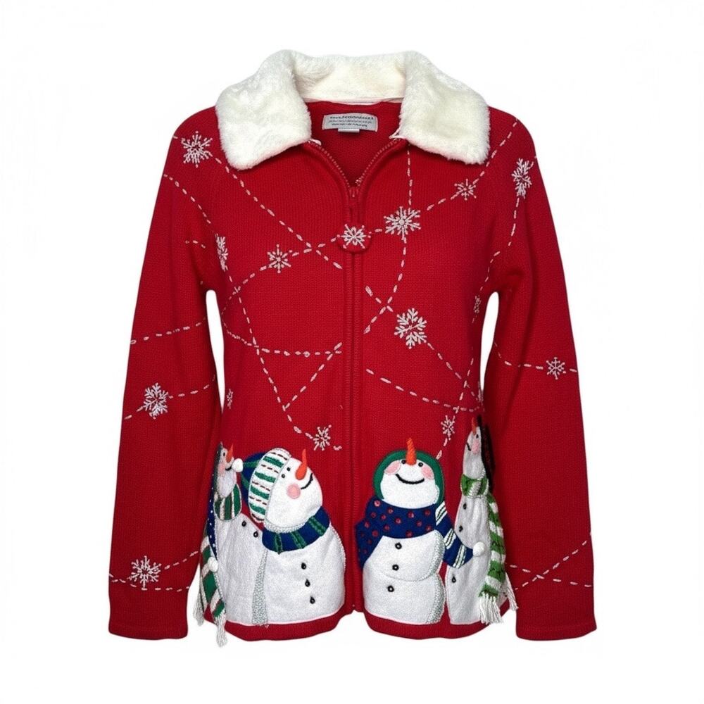 Vintage Y2K Red Christmas Sweater Snowmen Appliqué Removable Faux Fur Collar L